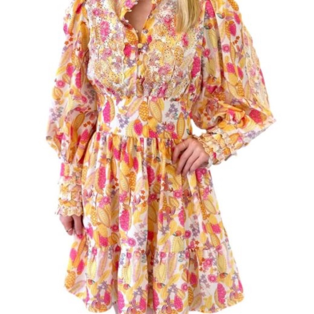 Beulah Yellow Pink Floral Long Sleeve Dress